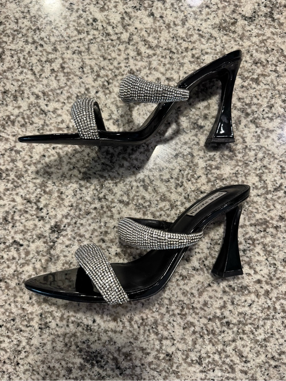 Steve Madden Black Slide Heel Sandals with Silver Crystal Straps